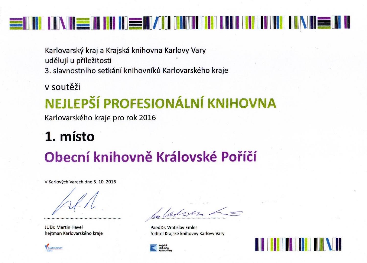 Nejlepší profesionální knihovna Karlovarského kraje 2016